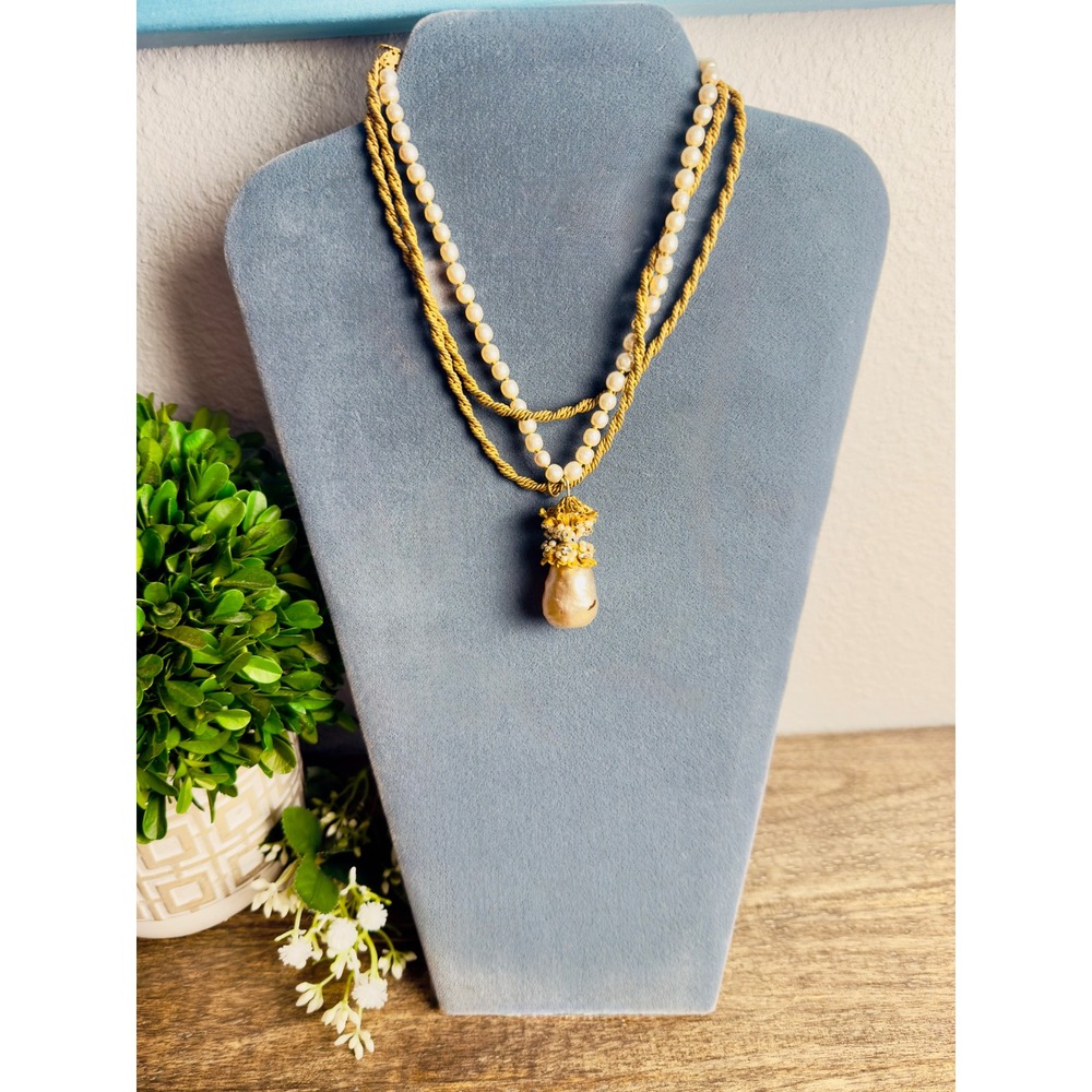 Vintage Miriam Haskell Baroque Pearl Multi Strand Pendant Necklace Signed Gold